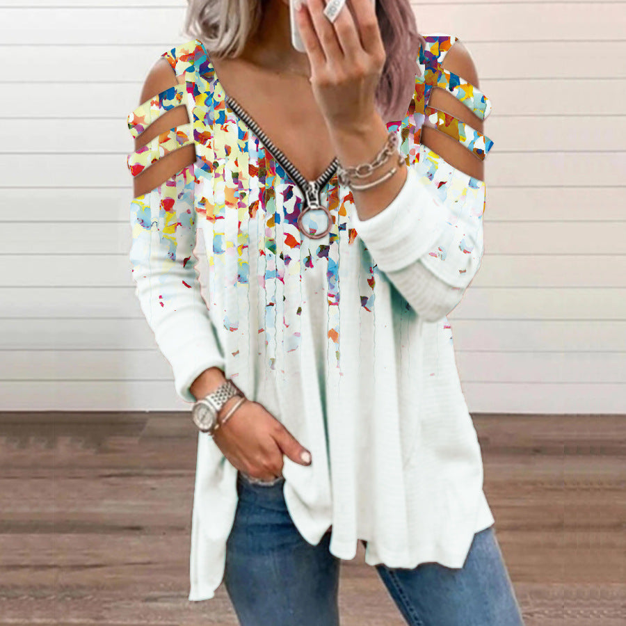 Camiseta De Manga Larga Con Cremallera Y Cuello En V Floral Pequeña Fuera Del Hombro
