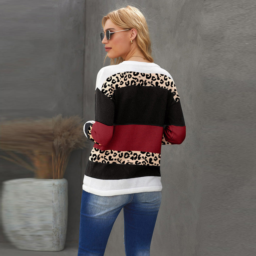 Suéter De Bloqueo De Color Con Estampado De Leopardo De Invierno Para Mujer 2021 Camisa Casual De Manga Larga Con Cuello Redondo Y Fondo