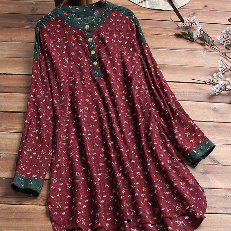 Camisa De Cuello Alto Estampada De Algodón Y Lino De Moda Camisa Suelta De Manga Larga De Gran Tamaño