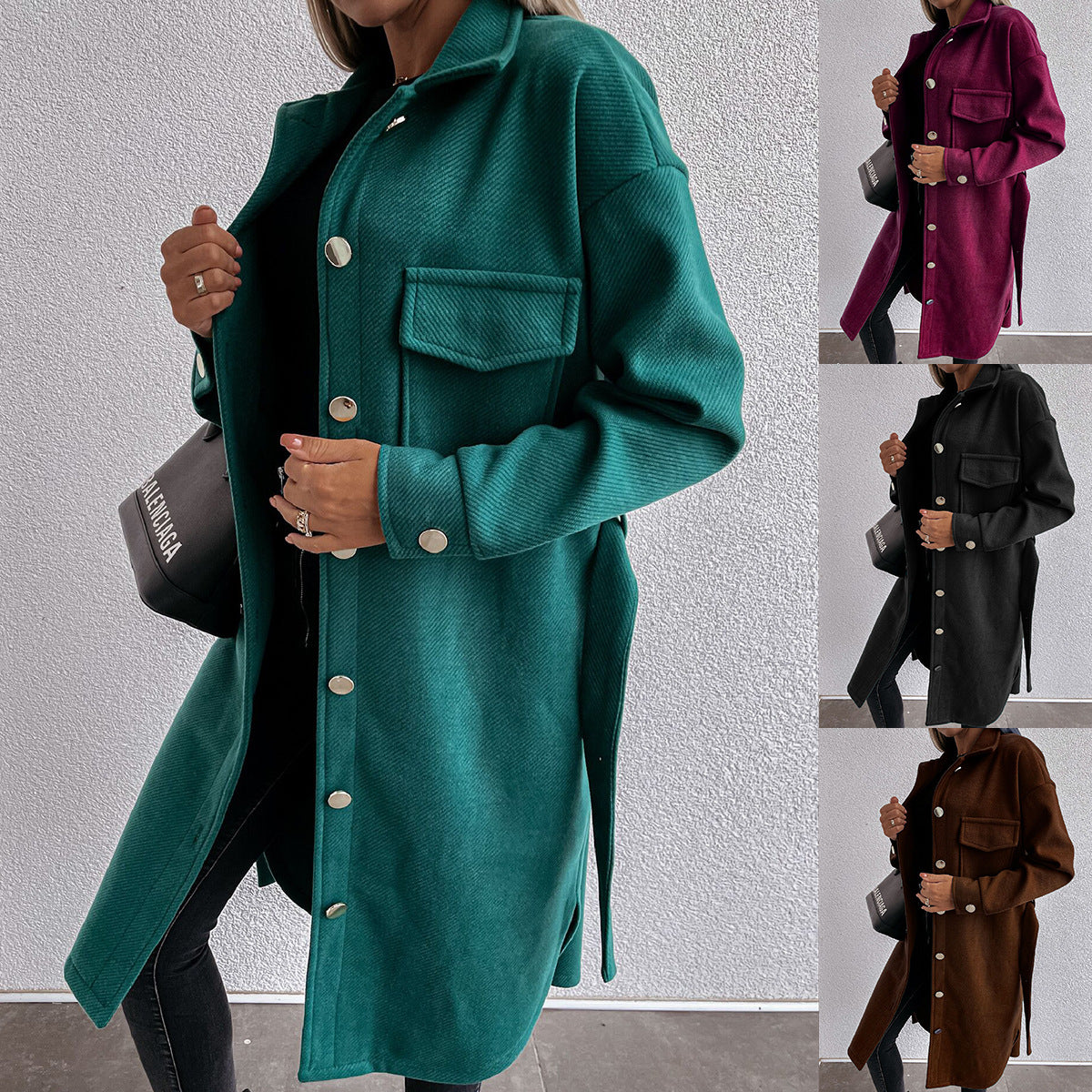 Nuevo Estilo Para Otoño E Invierno Abrigo Largo De Lana De Manga Larga Con Cordones De Color Puro