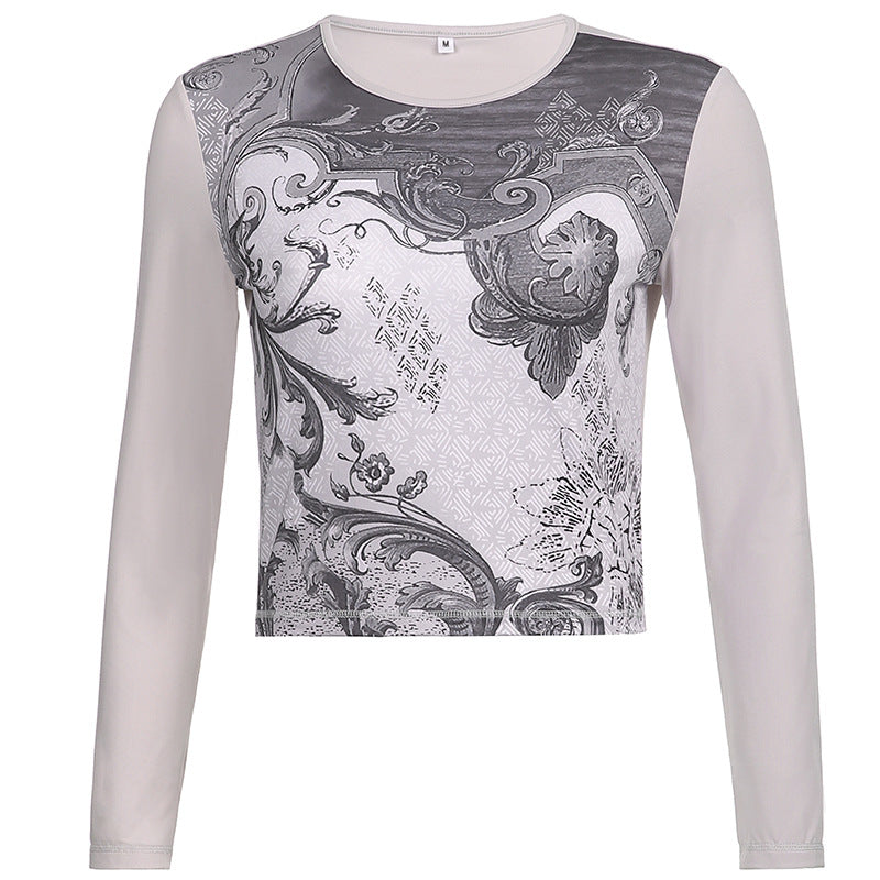 Camiseta Corta De Ombligo Fino Con Cuello Redondo Y Estampado Retro