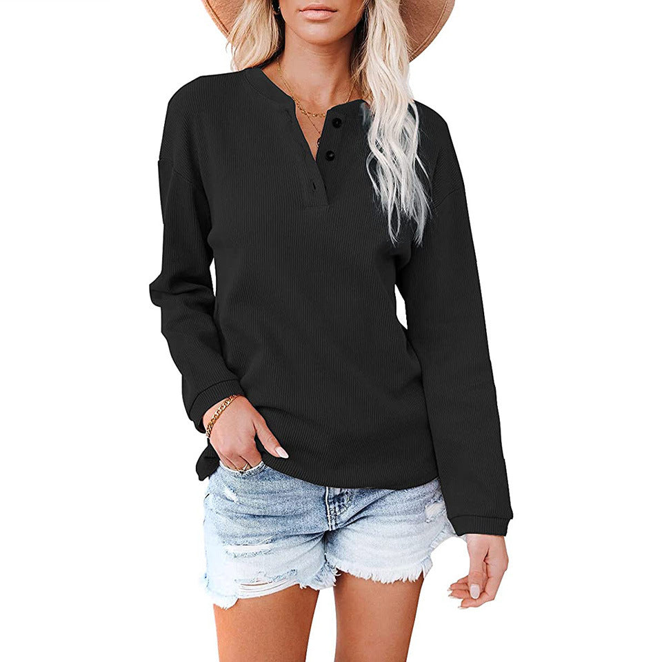 Camiseta De Manga Larga De Color Sólido Con Cuello En V Para Mujer