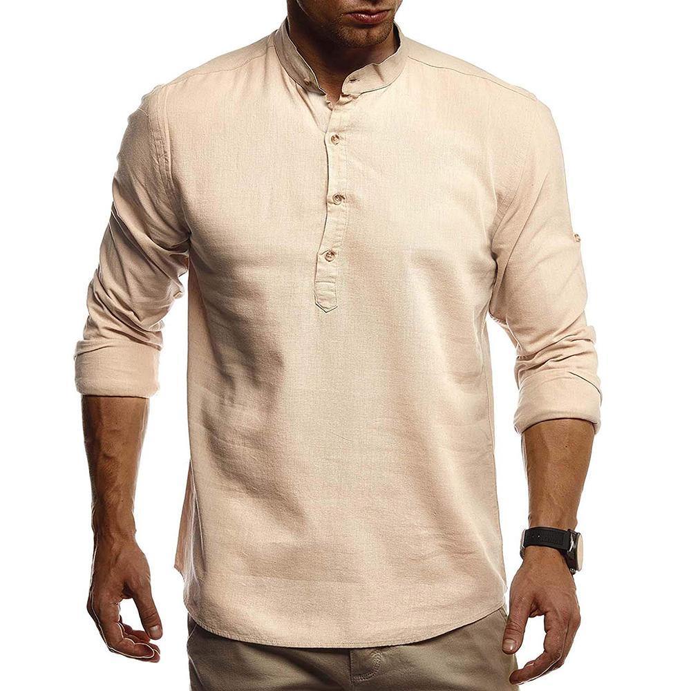 Camisa de algodón y lino de manga larga con cuello alto - MXbueno