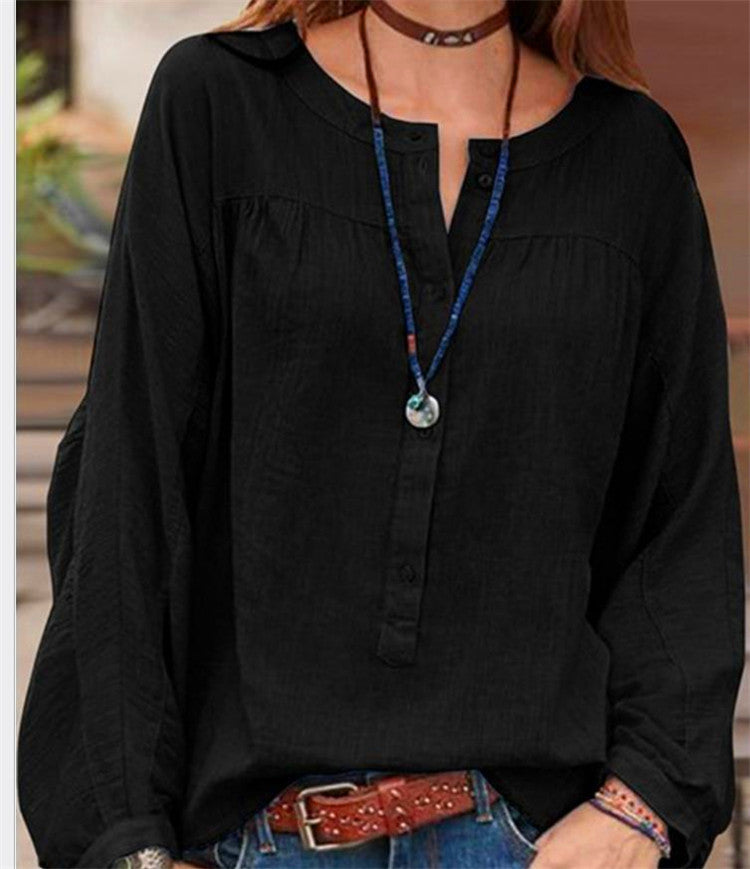 Blusa De Mujer Europea Y Americana, Color Sólido, Manga Larga, Tubo Abierto, Cuello Redondo, Camisa