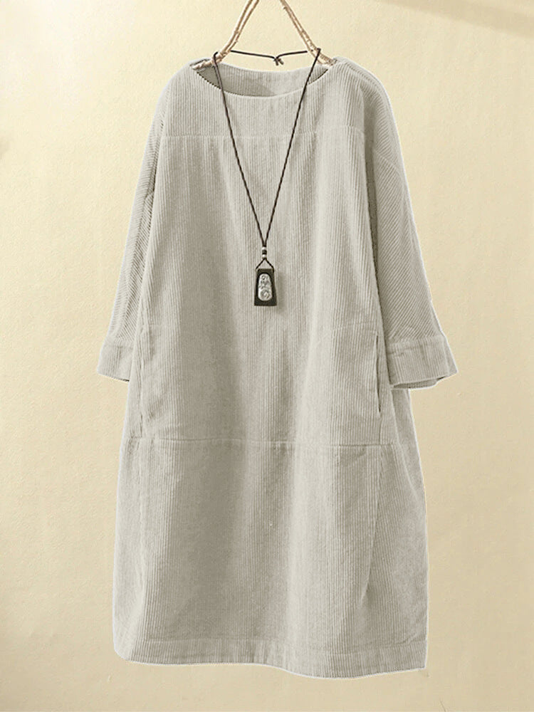 Vestido De Pana Holgado Con Cuello Redondo Y Manga Tres Cuartos
