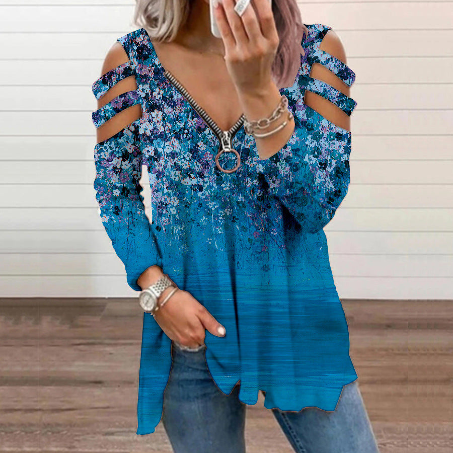 Camiseta De Manga Larga Con Cremallera Y Cuello En V Floral Pequeña Fuera Del Hombro