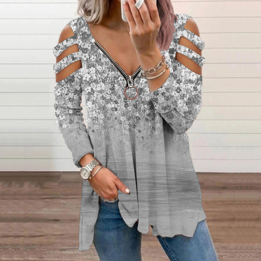 Camiseta De Manga Larga Con Cremallera Y Cuello En V Floral Pequeña Fuera Del Hombro
