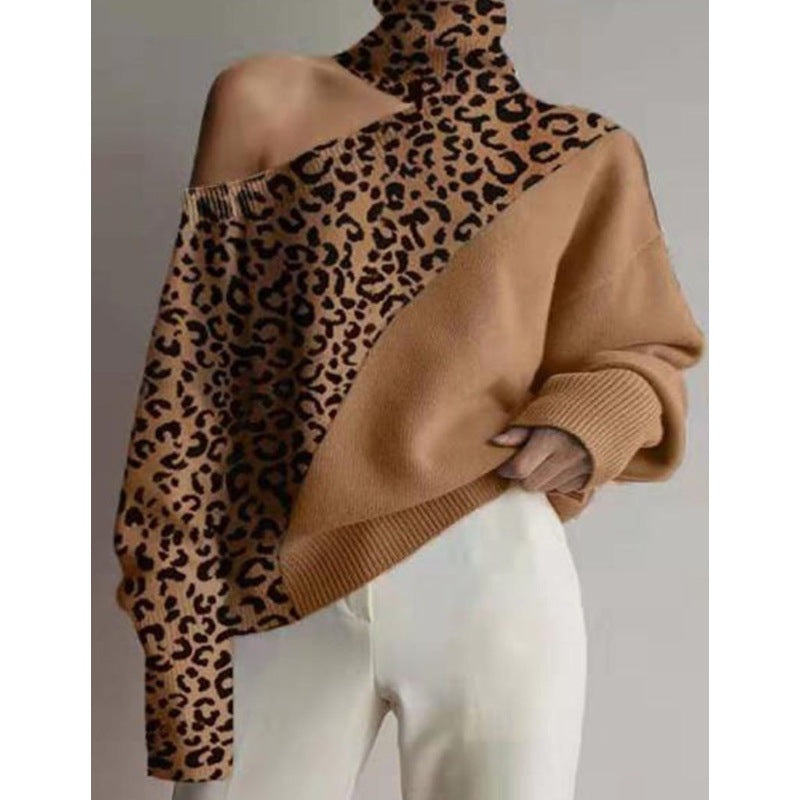 Invierno Cuello Alto Cuello Oblicuo Hombro Sin Tirantes Suéter Sexy Color Sólido Suéter De Punto Mujeres