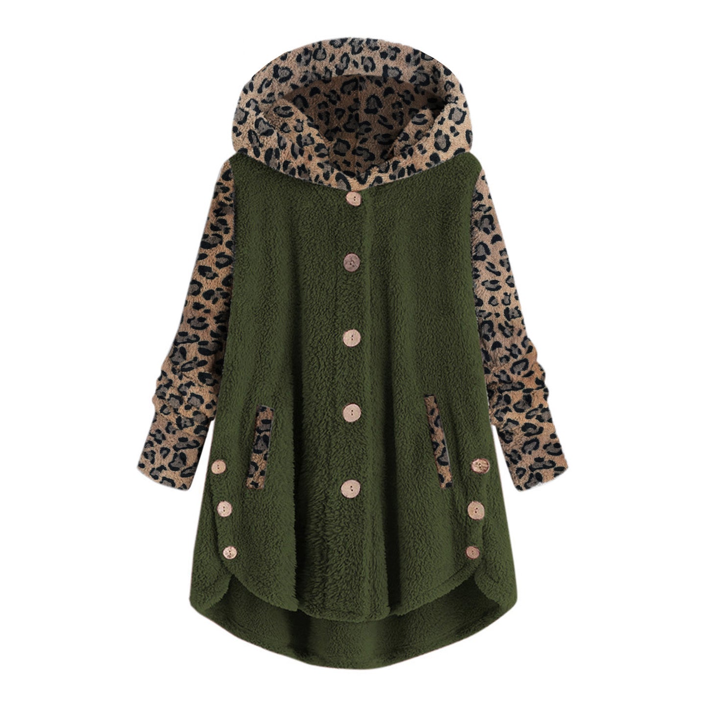 Chaqueta De Felpa De Manga Larga Con Capucha Y Costuras Con Estampado De Leopardo