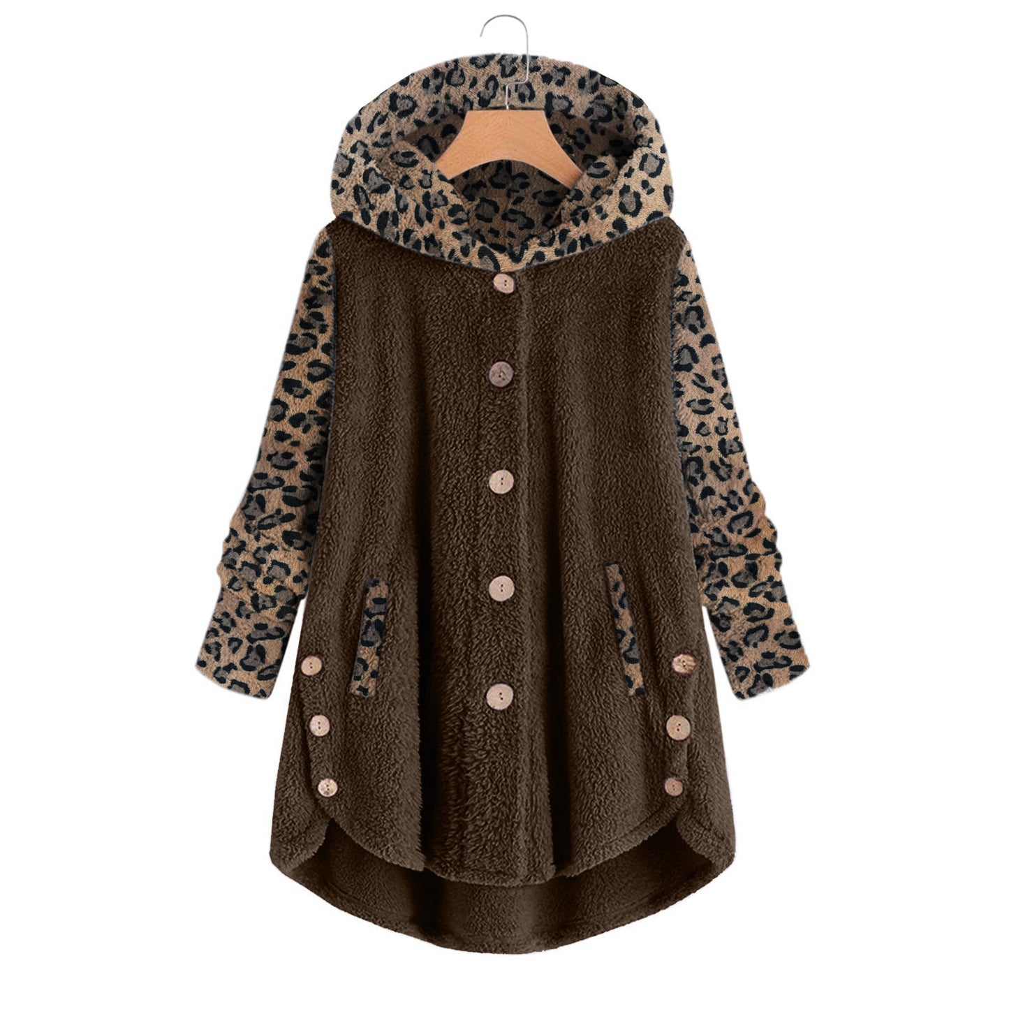 Chaqueta De Felpa De Manga Larga Con Capucha Y Costuras Con Estampado De Leopardo