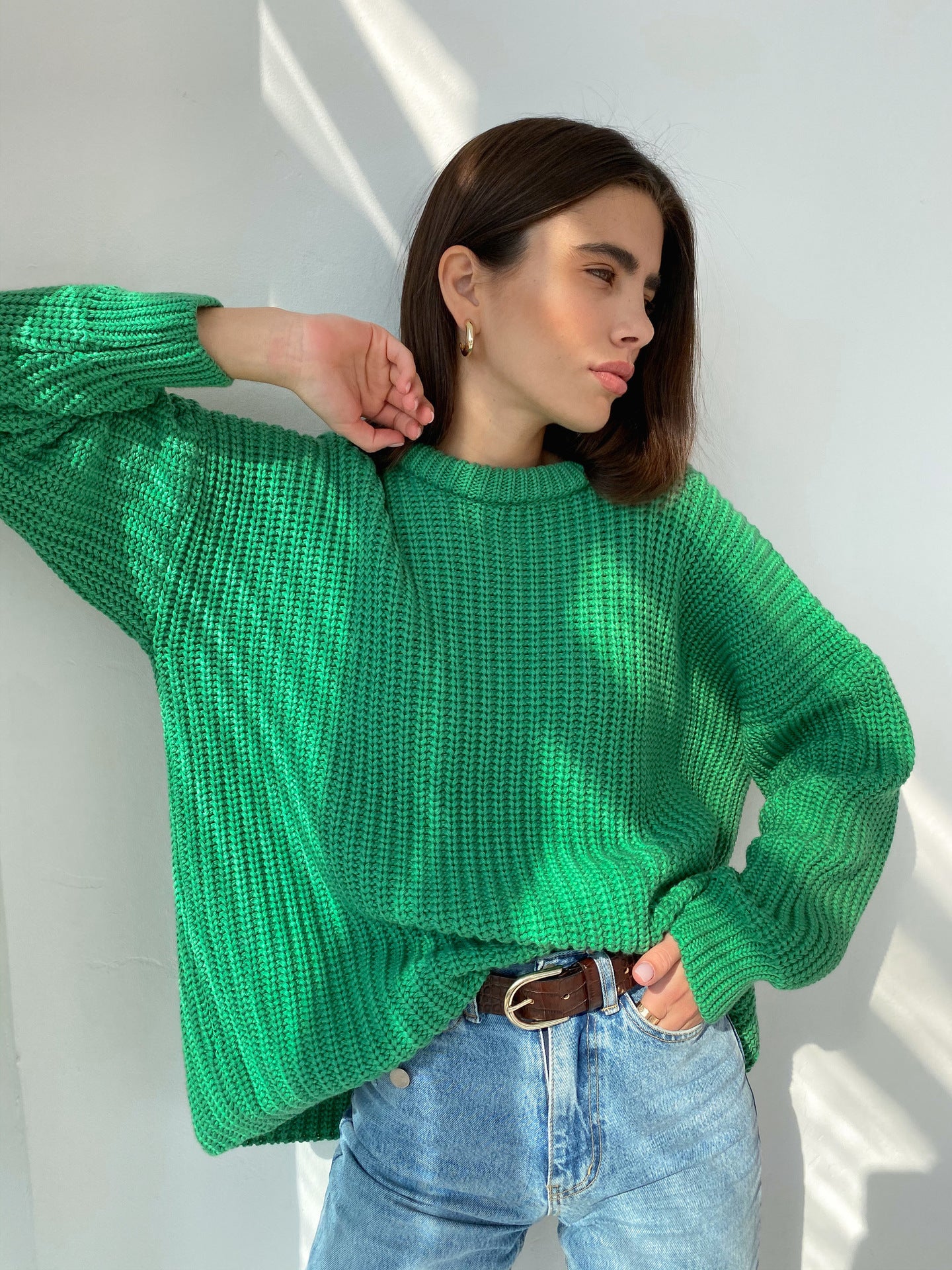 Suéter De Gran Tamaño Suelto Color Caramelo Suéter De Cuello Redondo Ropa De Mujer