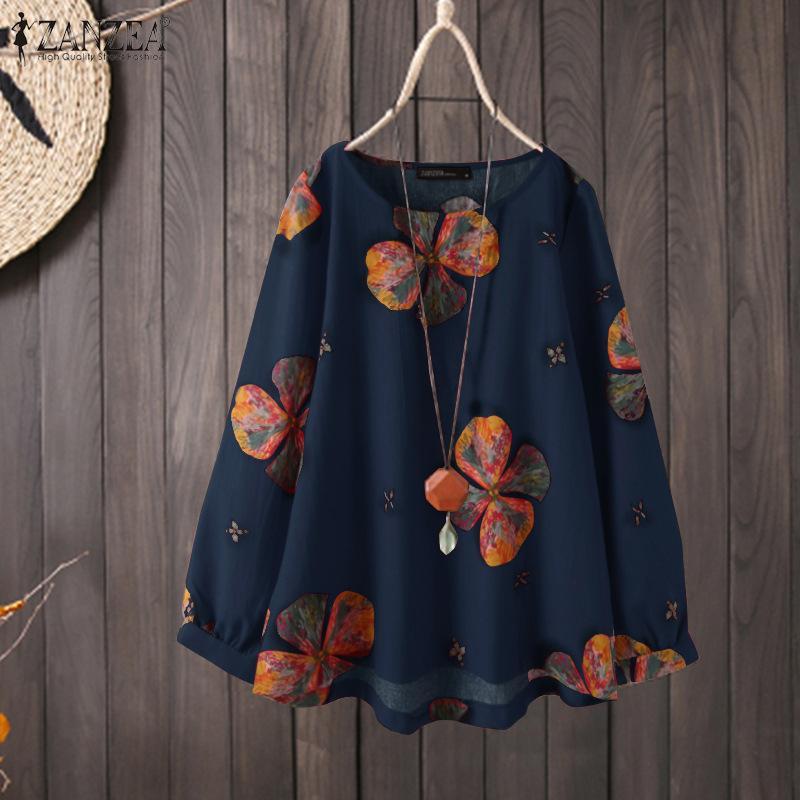 Camisa De Manga Larga Estampada Retro Holgada De Algodón Y Lino