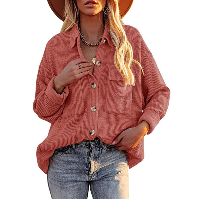 Chaqueta Estilo Camisa De Pana De Manga Larga Con Doble Bolsillo Y Solapa