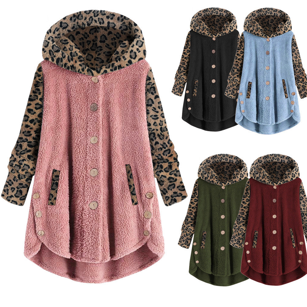 Chaqueta De Felpa De Manga Larga Con Capucha Y Costuras Con Estampado De Leopardo