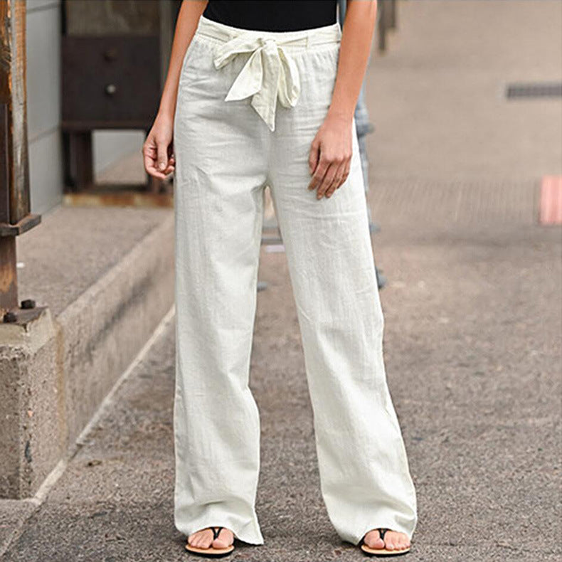 Pantalón De Pernera Ancha Con Cinturón De Algodón Y Lino