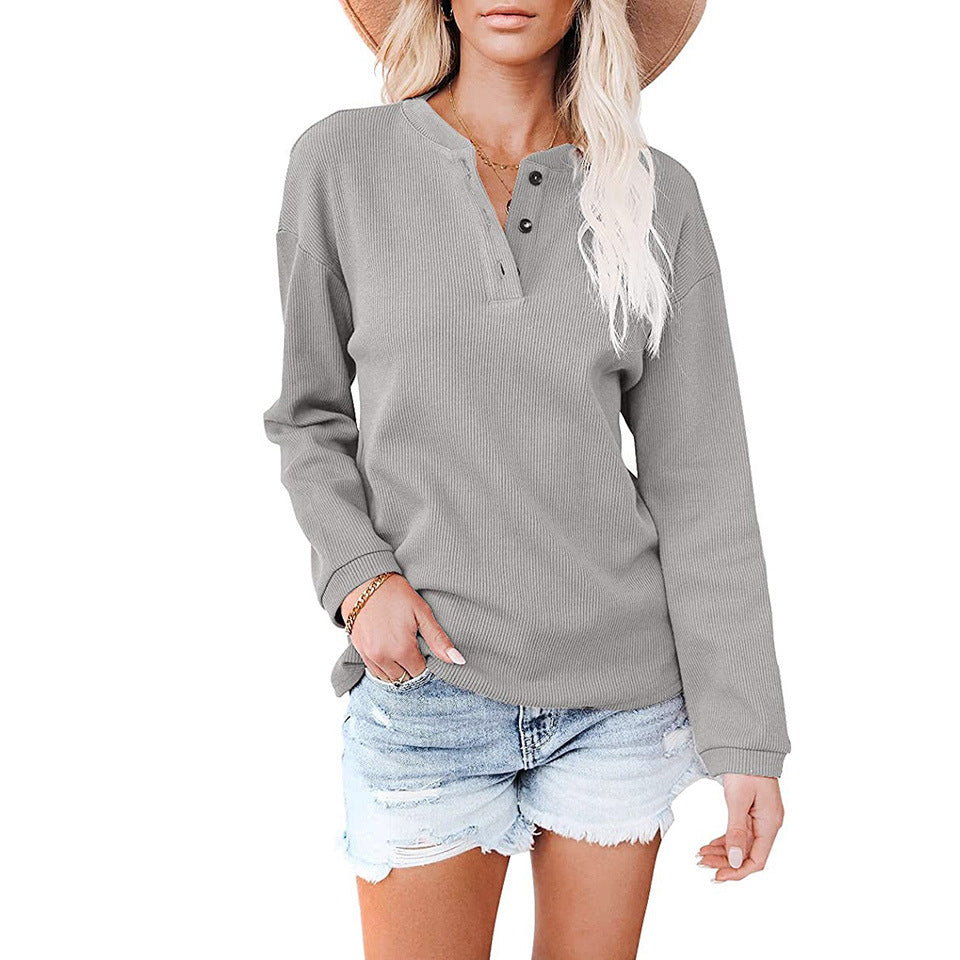 Camiseta De Manga Larga De Color Sólido Con Cuello En V Para Mujer