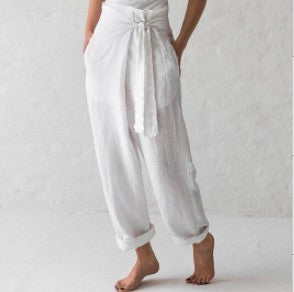 Primavera Y Otoño Pantalones Casuales De Algodón Y Lino De Color Sólido Con Hebilla De Cintura Alta Para Mujer