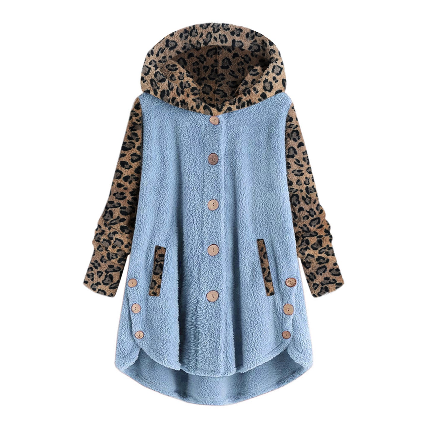 Chaqueta De Felpa De Manga Larga Con Capucha Y Costuras Con Estampado De Leopardo