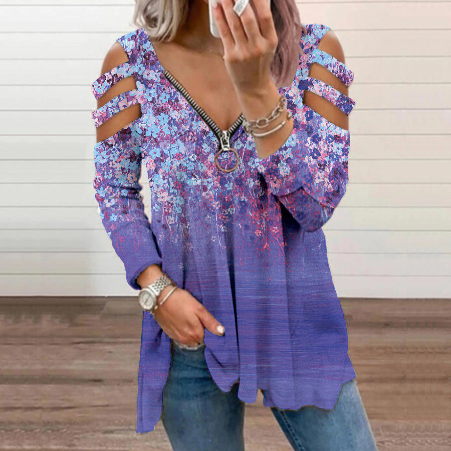 Camiseta De Manga Larga Con Cremallera Y Cuello En V Floral Pequeña Fuera Del Hombro