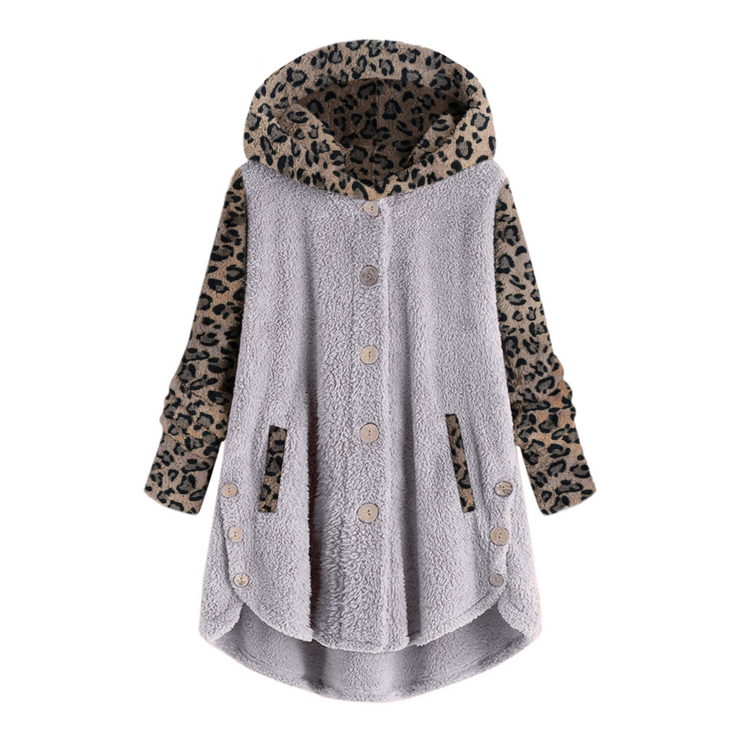 Chaqueta De Felpa De Manga Larga Con Capucha Y Costuras Con Estampado De Leopardo