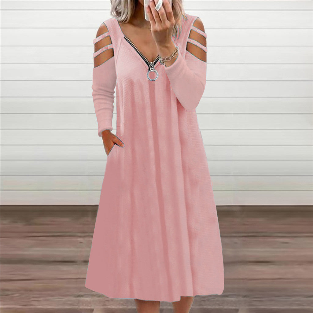 Vestido De Manga Larga De Color Sólido Con Cuello En V Y Cremallera