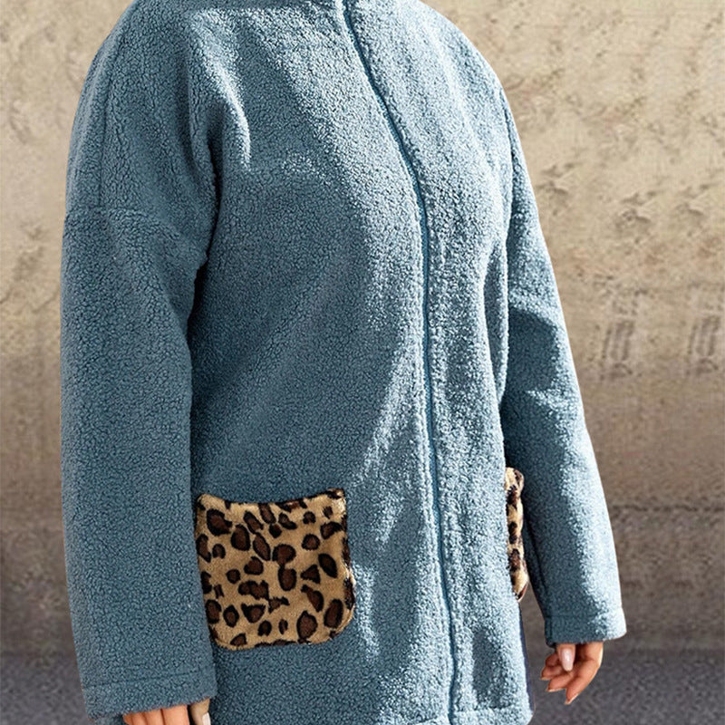 Chaqueta De Forro Polar Con Cremallera De Cuello Alto, Costura Con Estampado De Leopardo, Chaqueta Suelta De Manga Larga Para Mujer De Talla Grande