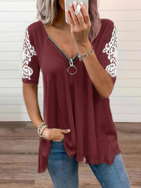 Camiseta Holgada Con Mangas De Encaje Y Encaje Con Cuello En V De Color Liso