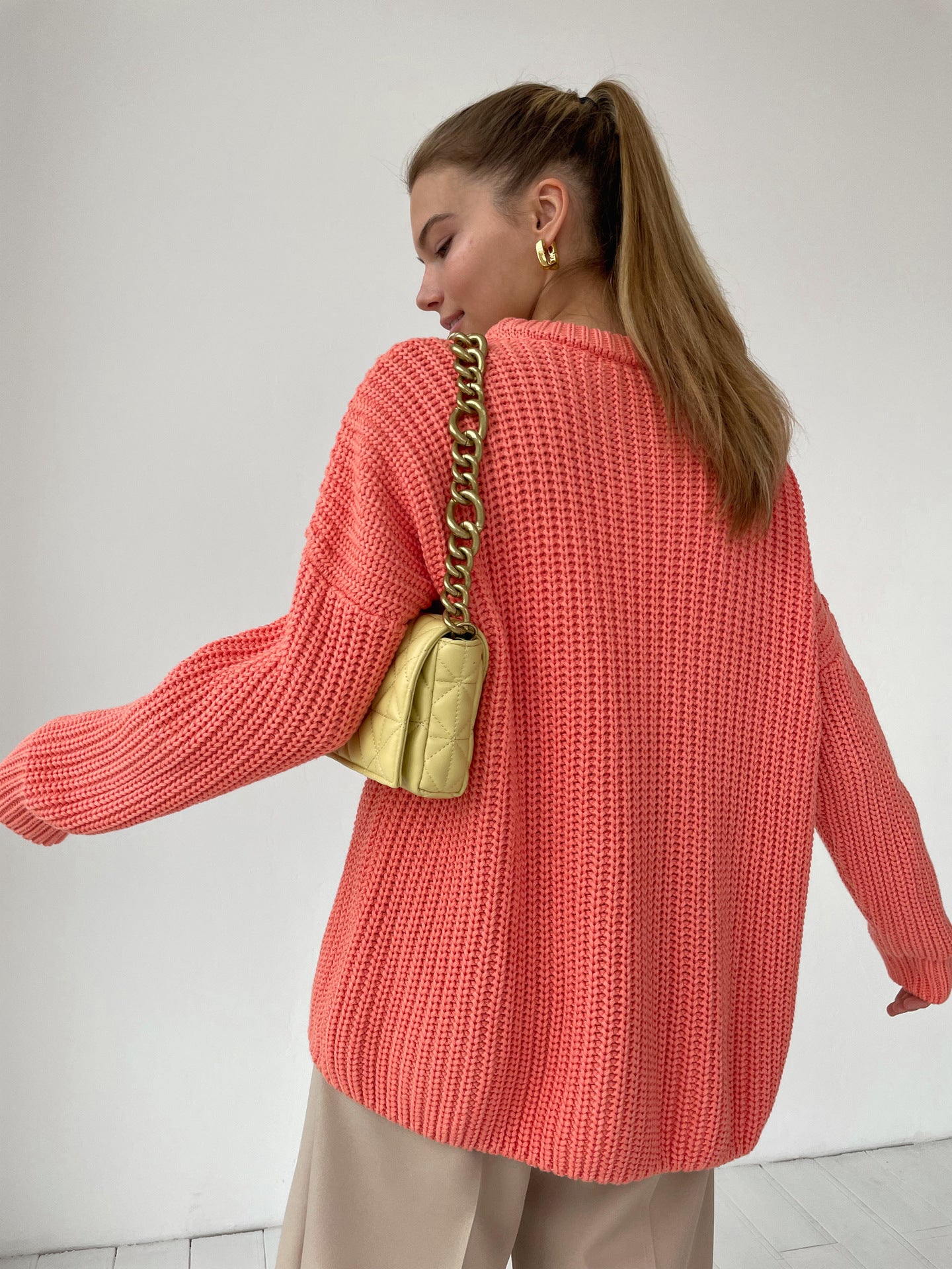 Suéter De Gran Tamaño Suelto Color Caramelo Suéter De Cuello Redondo Ropa De Mujer