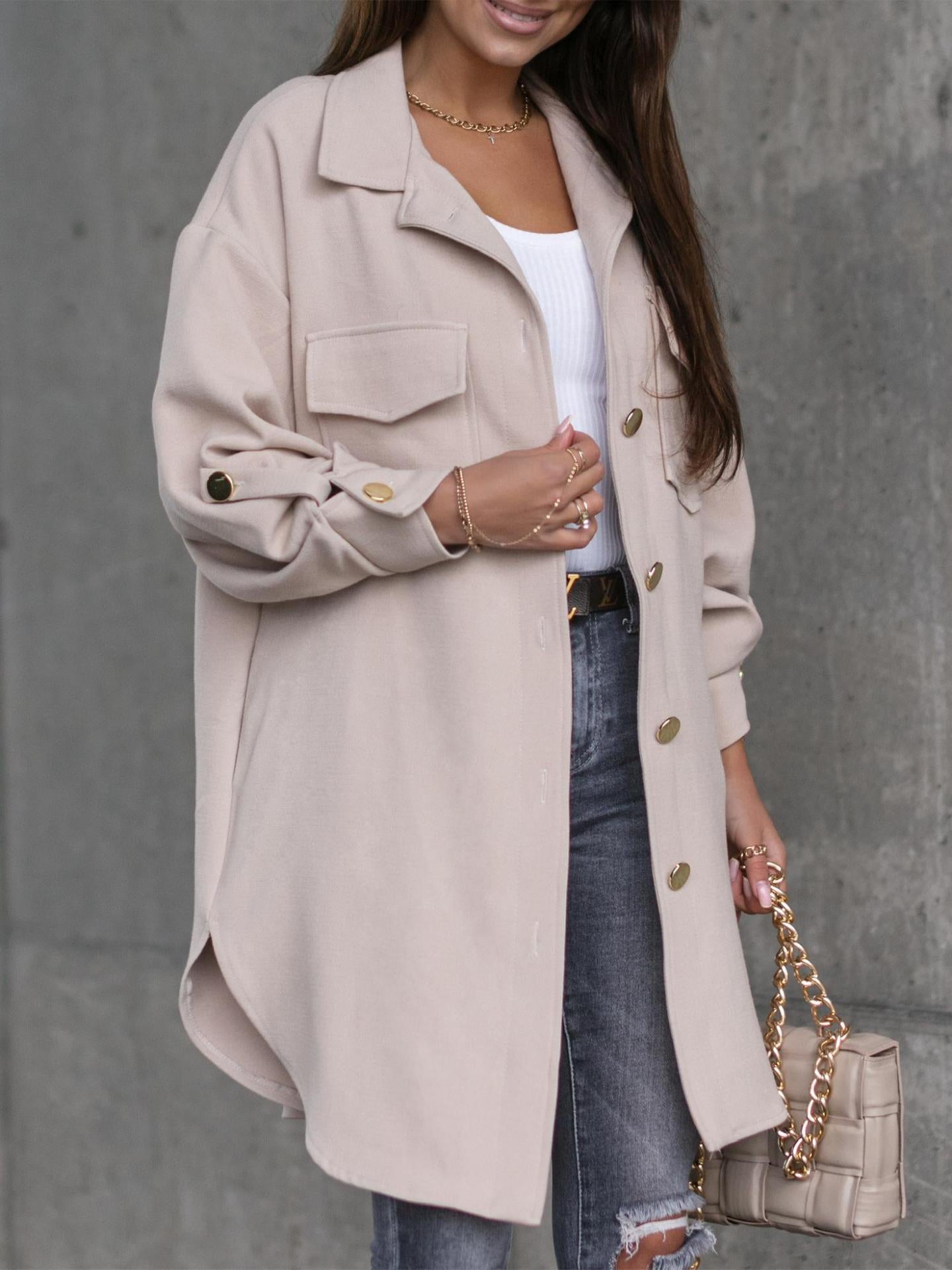 Otoño E Invierno Nuevo Estilo Manga-pull Botón Decoración Chaqueta De Camisa De Longitud Media