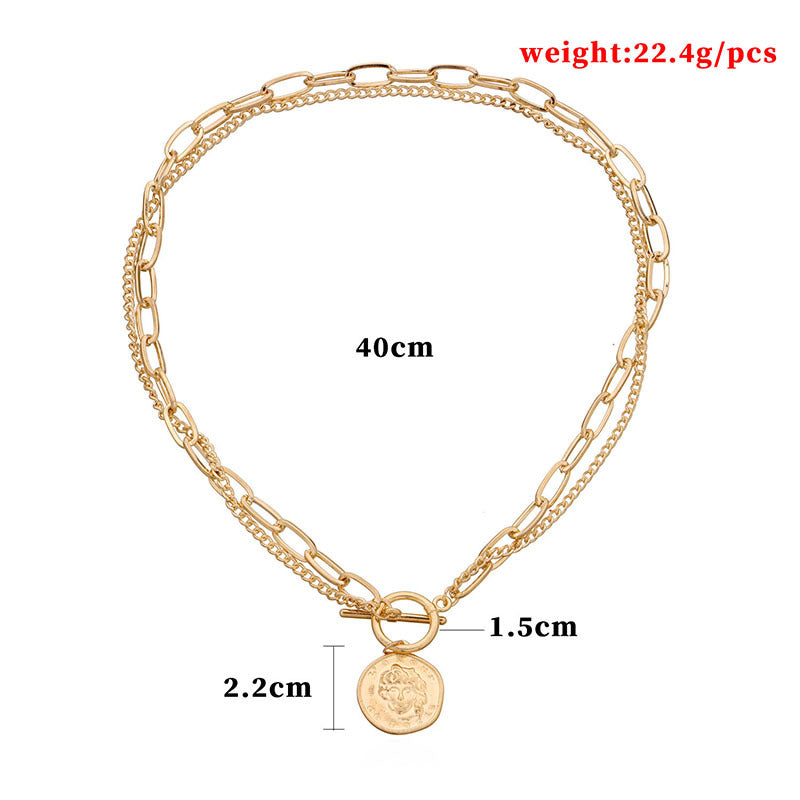 Collar Con Colgante De Cabeza De Marca Redonda Irregular De Moda Collar De Cadena Doble Simple Para Mujer