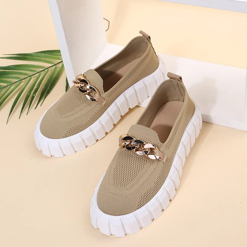 Mocasines Con Cadena Para Mujer, Zapatos Planos Con Punta Redonda, Zapatillas De Malla Sin Cordones, Zapatos Casuales, Zapatos Planos De Tela, Transpirables
