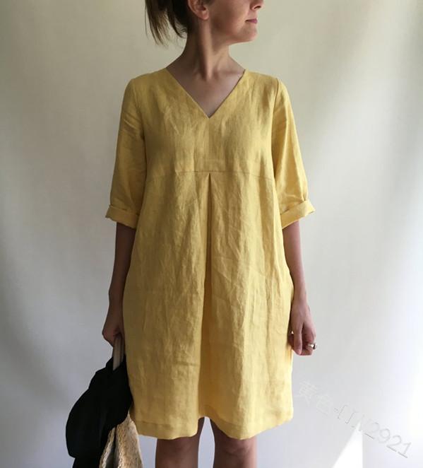¡VENTA! Vestido suelto de algodón y lino en color liso con cuello en V