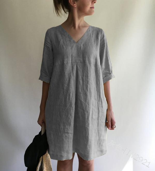 ¡VENTA! Vestido suelto de algodón y lino en color liso con cuello en V