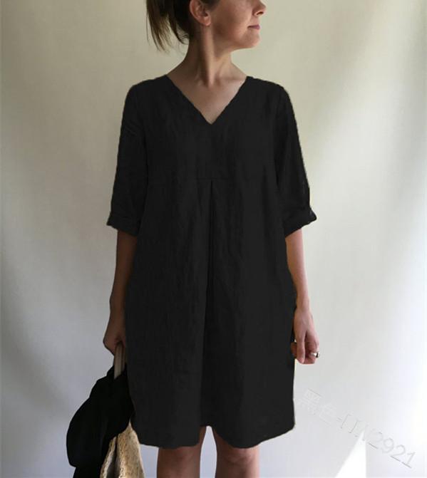 ¡VENTA! Vestido suelto de algodón y lino en color liso con cuello en V