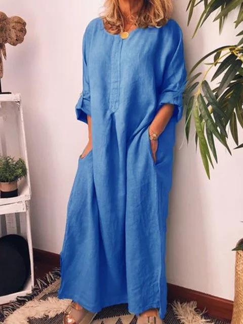 Vestido holgado de algodón y lino liso