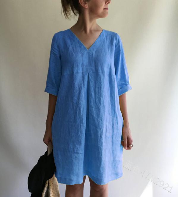 ¡VENTA! Vestido suelto de algodón y lino en color liso con cuello en V
