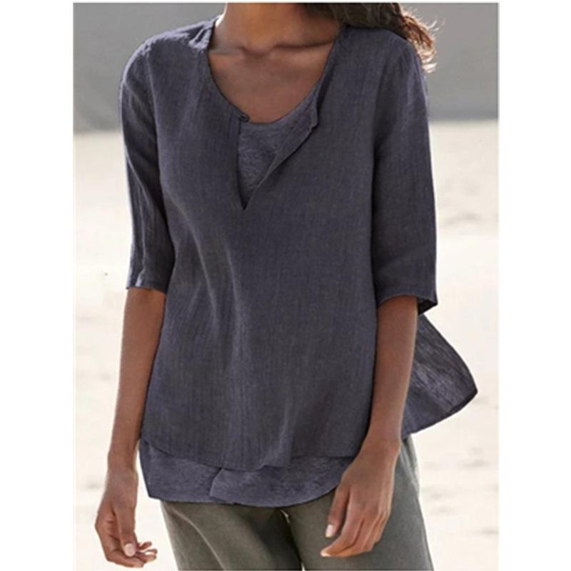 Camisa de mujer con cuello de pico de algodón y lino de color liso