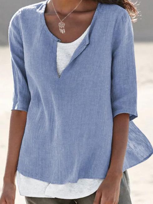 Camisa de mujer con cuello de pico de algodón y lino de color liso