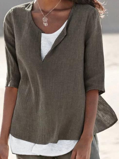 Camisa de mujer con cuello de pico de algodón y lino de color liso