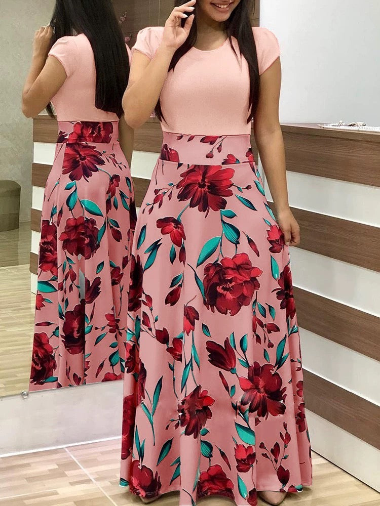 Vestido largo estampado floral de manga corta