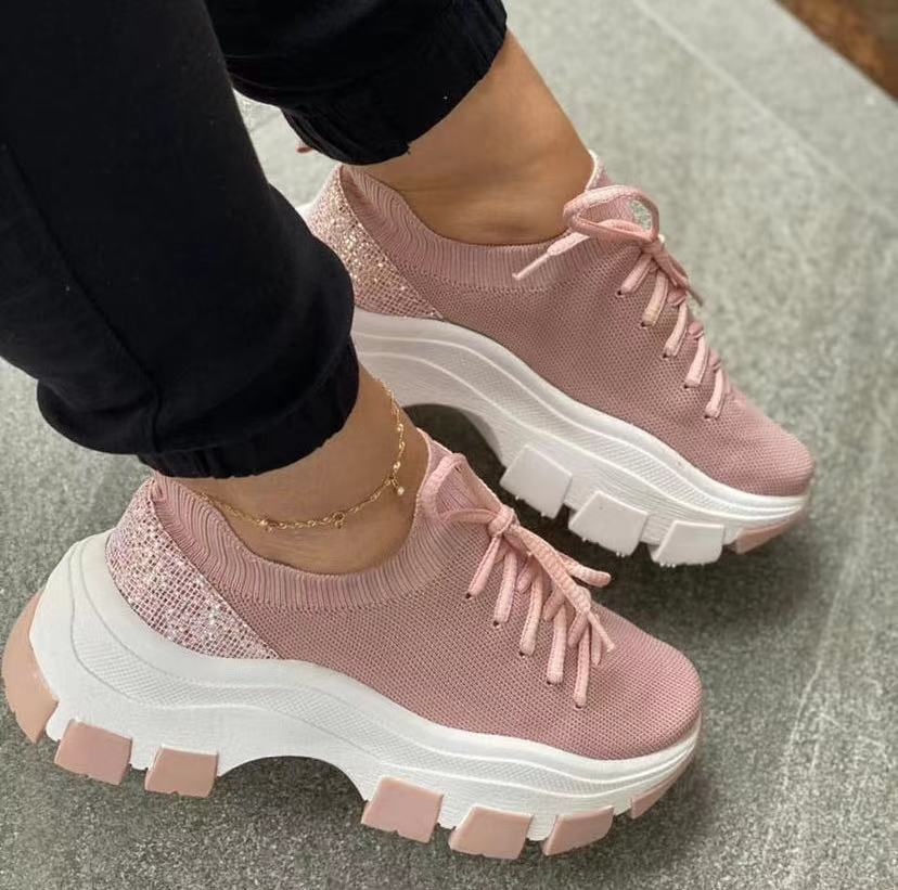 Zapatos Deportivos Con Plataforma Y Cordones De Lentejuelas Para Mujer