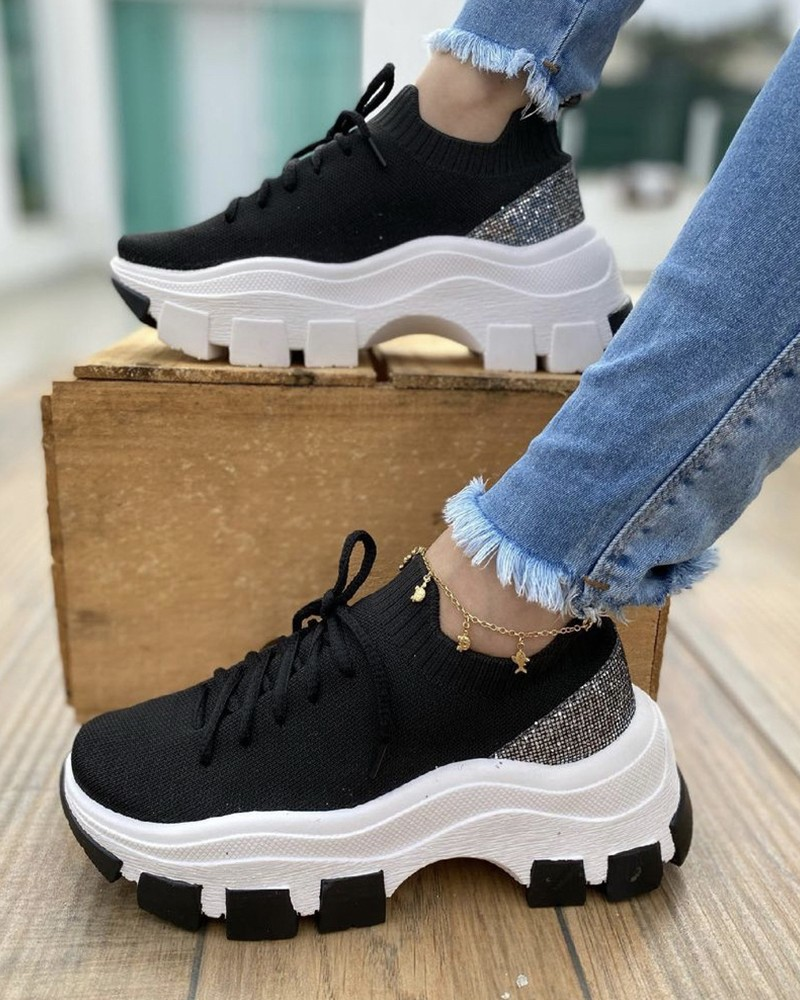 Zapatos Deportivos Con Plataforma Y Cordones De Lentejuelas Para Mujer