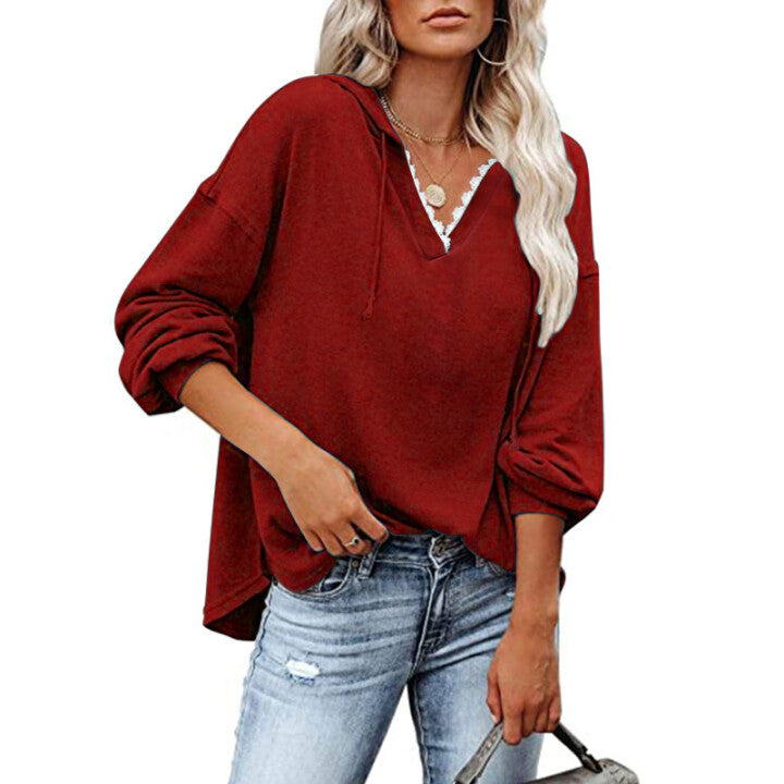 Sudadera Con Capucha Holgada Informal Con Cordones Y Cuello En V
