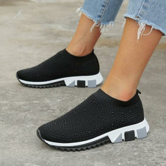 Zapatillas De Mujer Negras Sin Cordones Con Diamantes De Imitación