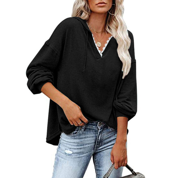 Sudadera Con Capucha Holgada Informal Con Cordones Y Cuello En V