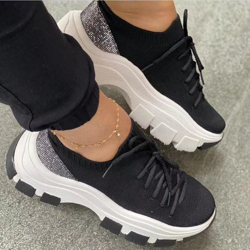 Zapatos Deportivos Con Plataforma Y Cordones De Lentejuelas Para Mujer