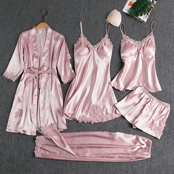 Pijama de 5 piezas de seda ruborizada - MXbueno