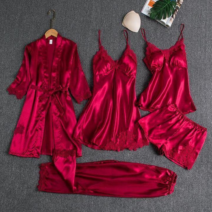 Pijama de 5 piezas de seda ruborizada - MXbueno