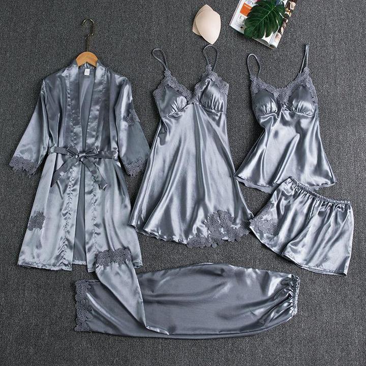 Pijama de 5 piezas de seda ruborizada - MXbueno