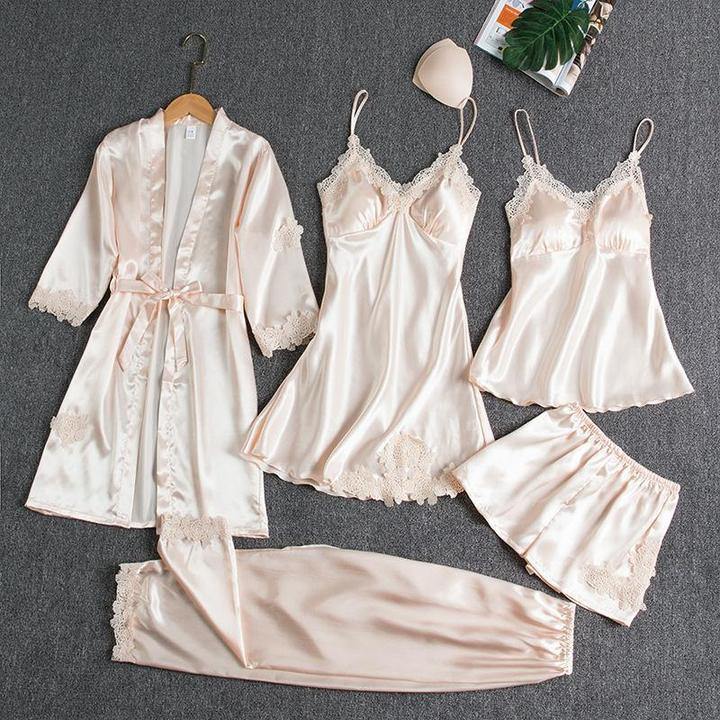 Pijama de 5 piezas de seda ruborizada - MXbueno